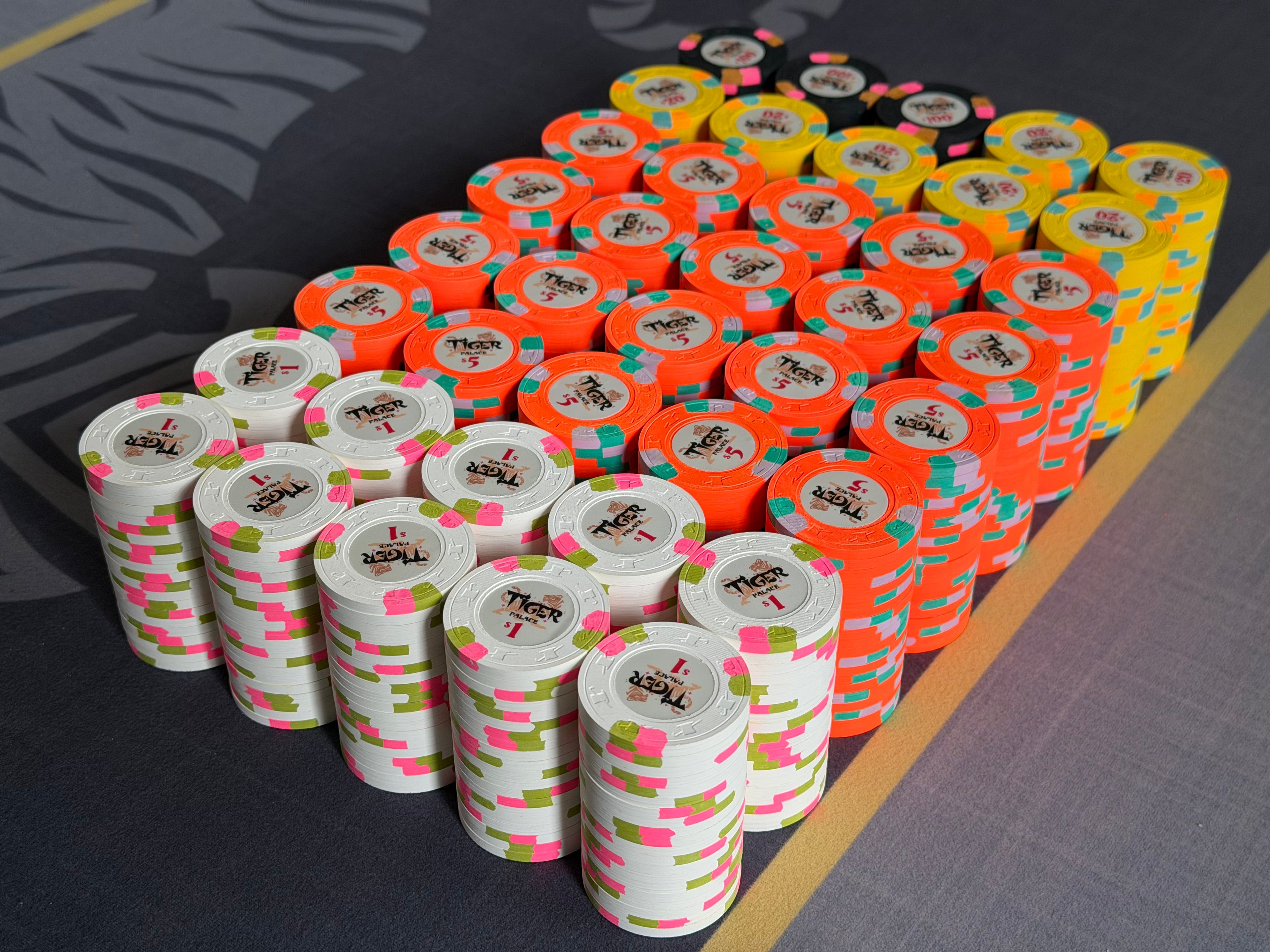 Tiger Palace (Paulson) relabeled $1/$2 Cash Set (Vegas colors, blaze orange $5s, yellow $20s) - 800 Chips