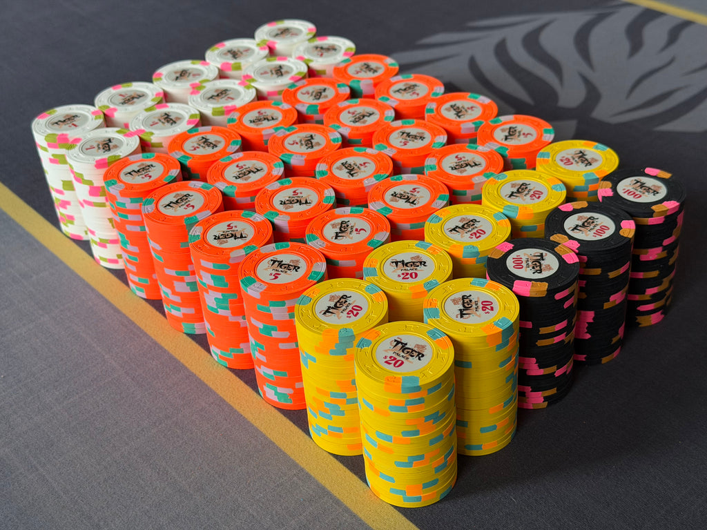 Tiger Palace (Paulson) relabeled $1/$2 Cash Set (Vegas colors, blaze orange $5s, yellow $20s) - 800 Chips