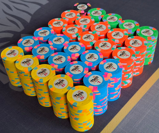 Tiger Palace (Paulson) relabeled $0.25/$0.50 Cash Set (Vegas colors, yellow fracs, blaz orange $5s) - 600 Chips