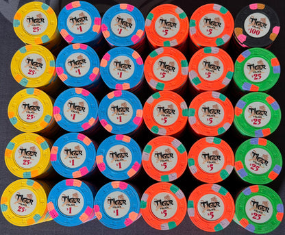Tiger Palace (Paulson) relabeled $0.25/$0.50 Cash Set (Vegas colors, yellow fracs, blaz orange $5s) - 600 Chips