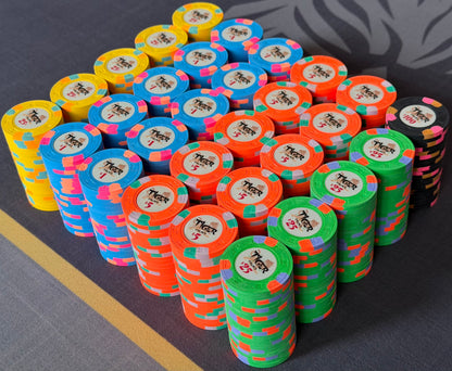 Tiger Palace (Paulson) relabeled $0.25/$0.50 Cash Set (Vegas colors, yellow fracs, blaz orange $5s) - 600 Chips