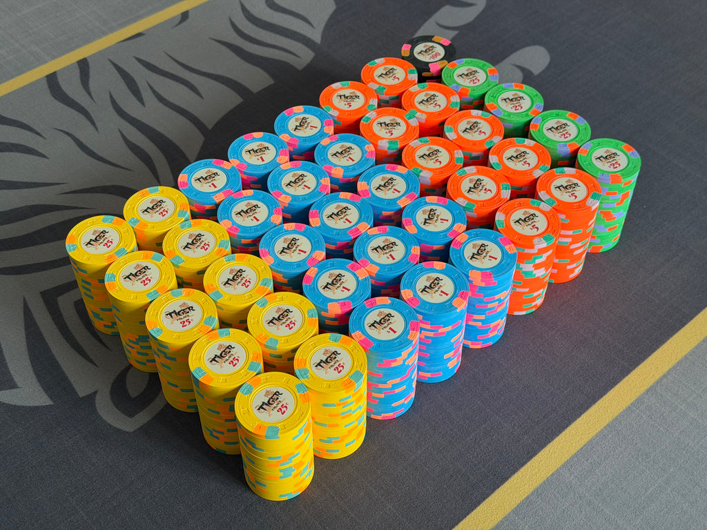 Tiger Palace (Paulson) relabeled $0.25/$0.50 Cash Set (Vegas colors, yellow fracs, blaze orange $5s) - 800 Chips