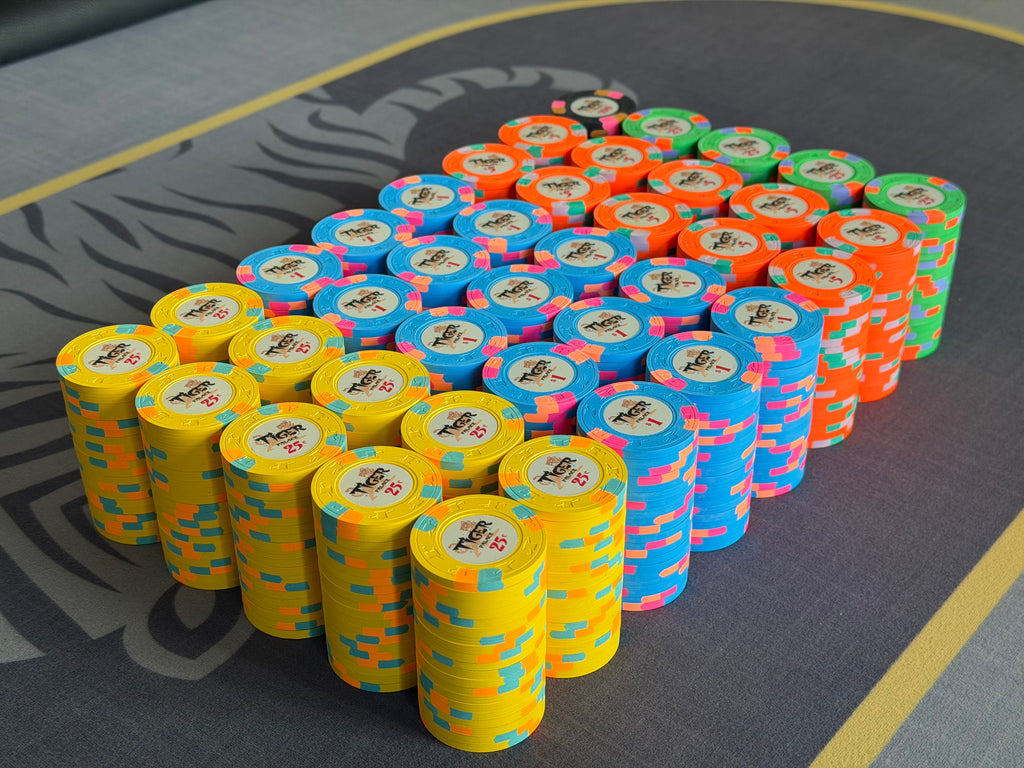 Tiger Palace (Paulson) relabeled $0.25/$0.50 Cash Set (Vegas colors, yellow fracs, blaze orange $5s) - 800 Chips