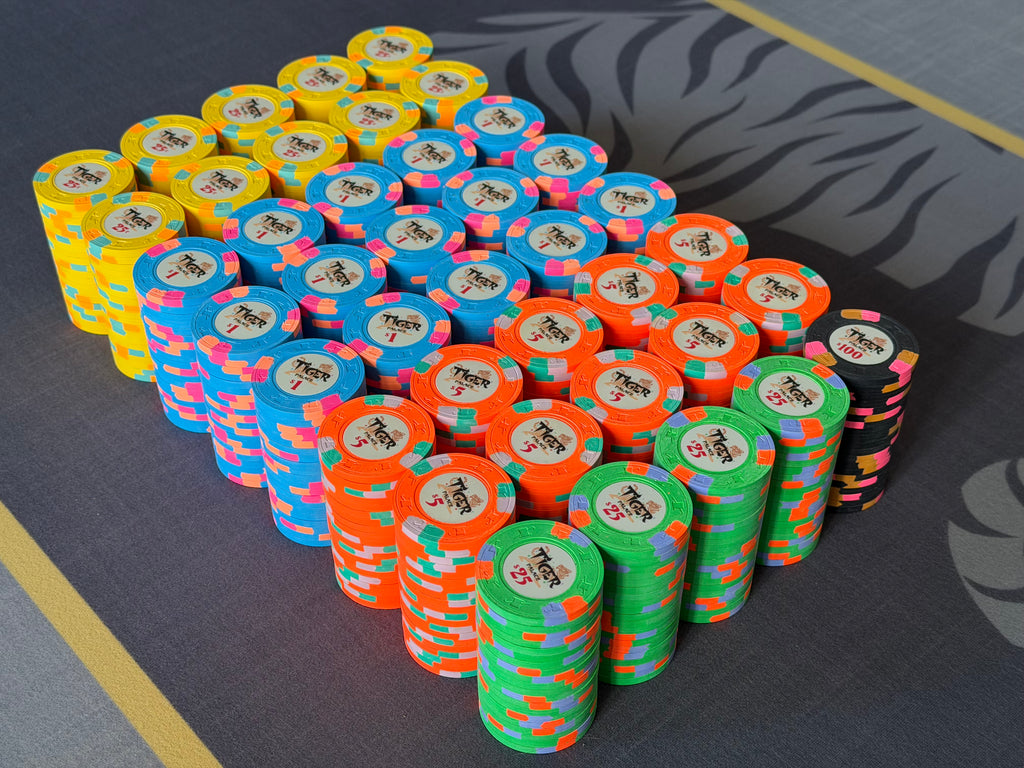 Tiger Palace (Paulson) relabeled $0.25/$0.50 Cash Set (Vegas colors, yellow fracs, blaze orange $5s) - 800 Chips
