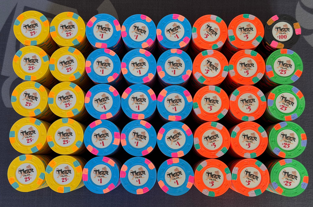 Tiger Palace (Paulson) relabeled $0.25/$0.50 Cash Set (Vegas colors, yellow fracs, blaze orange $5s) - 800 Chips