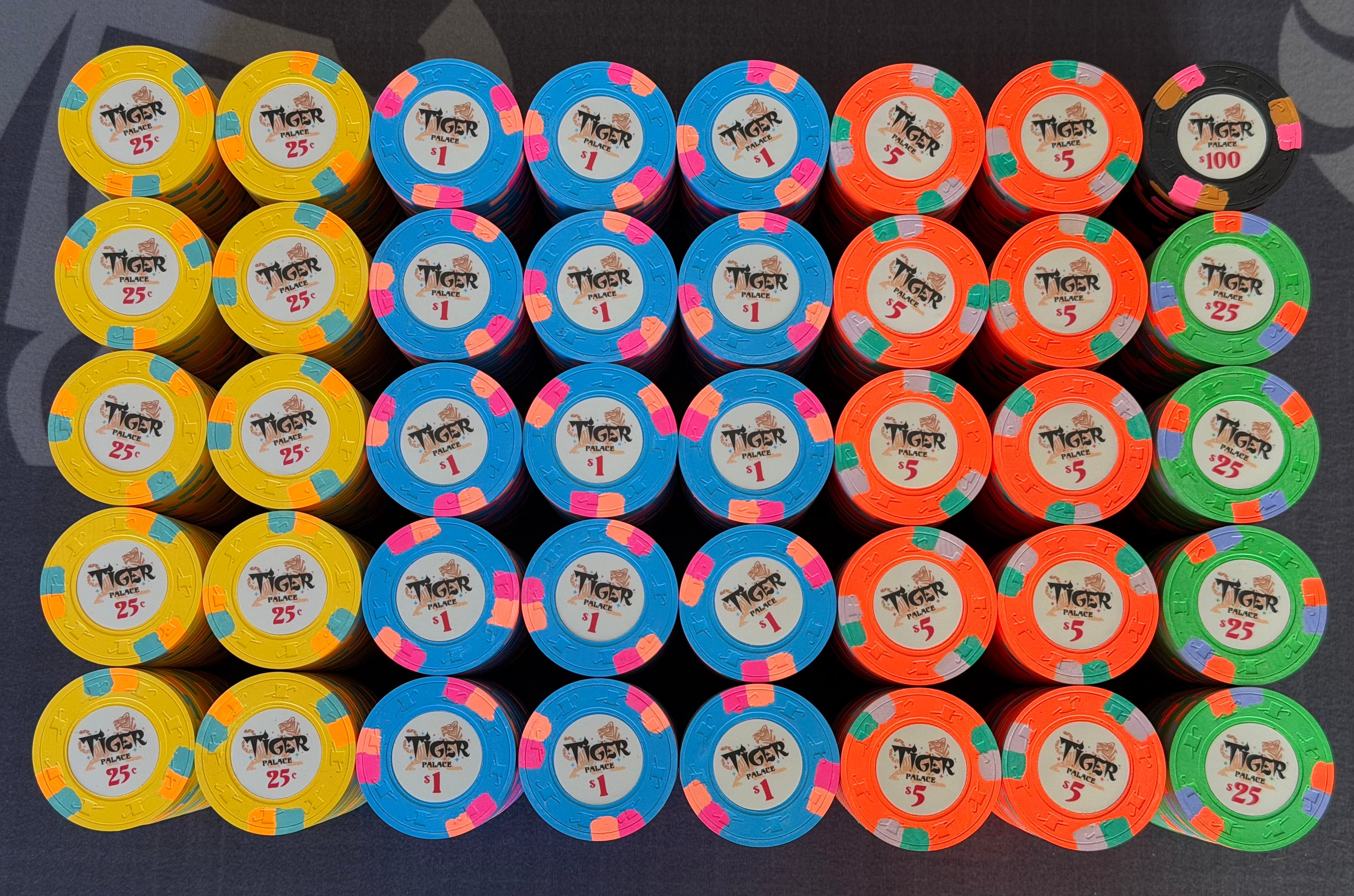 Tiger Palace (Paulson) relabeled $0.25/$0.50 Cash Set (Vegas colors, yellow fracs, blaz orange $5s) - 800 Chips