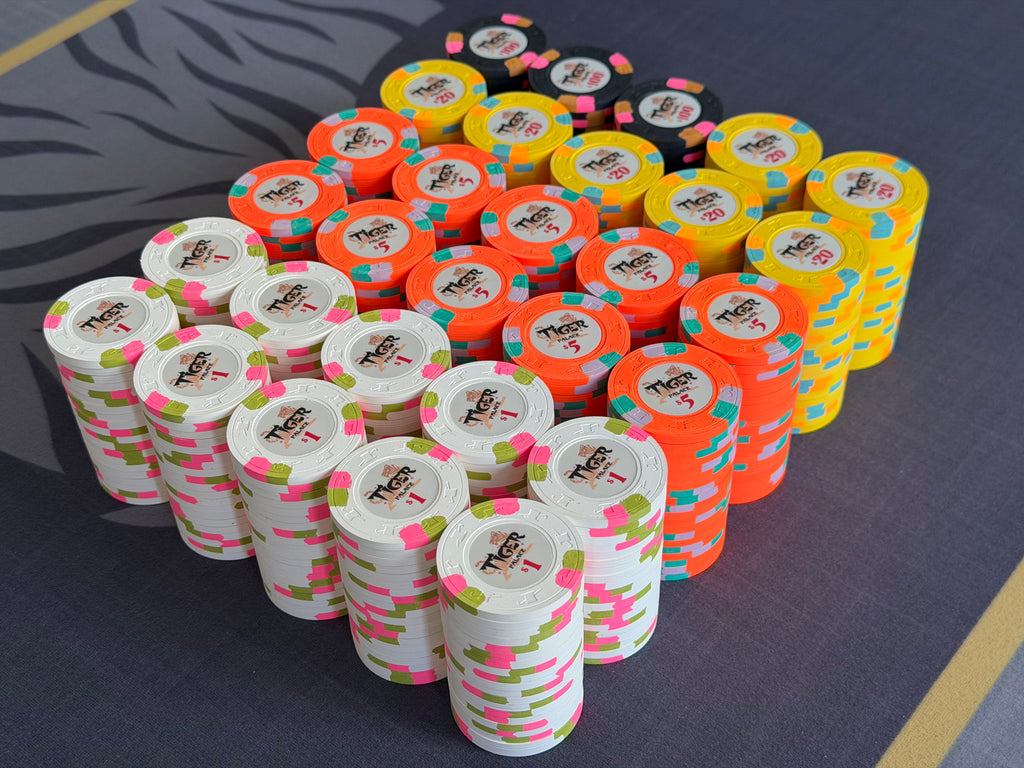 Tiger Palace (Paulson) relabeled $1/$2 Cash Set (Vegas colors, blaze orange $5s, yellow $20s) - 600 Chips