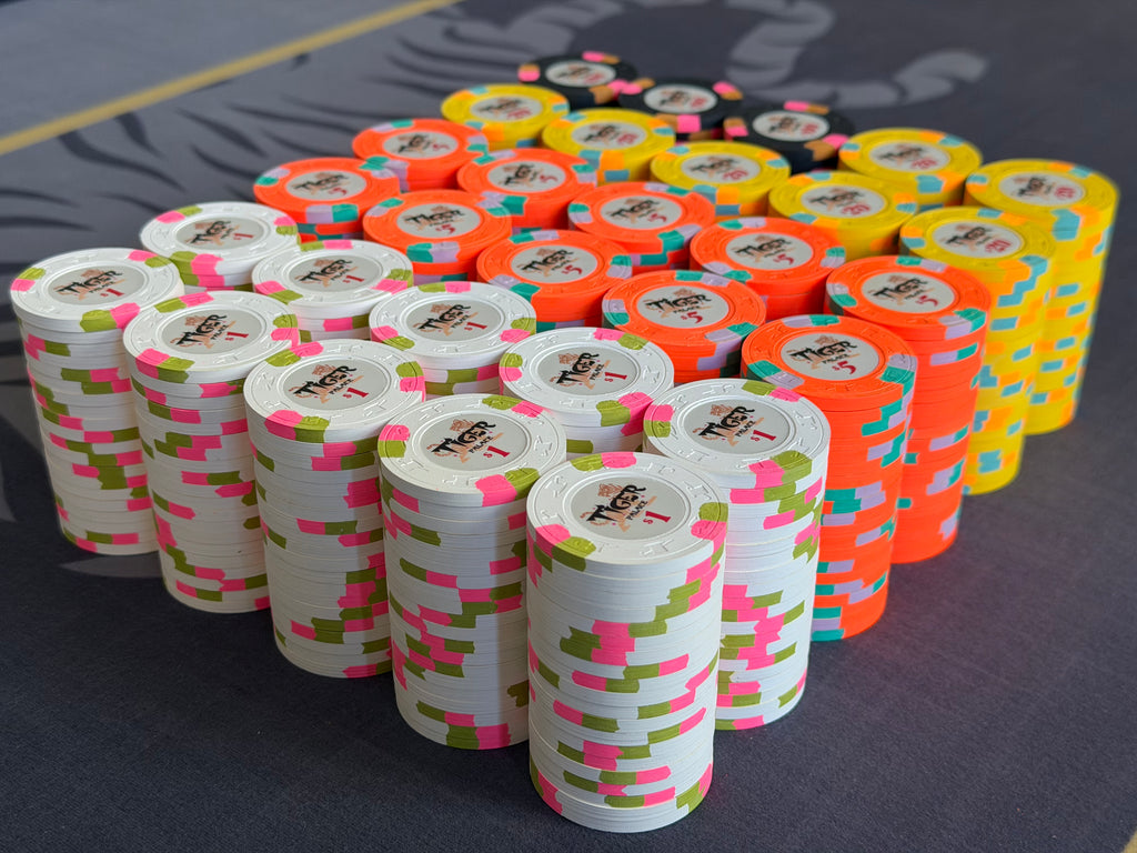 Tiger Palace (Paulson) relabeled $1/$2 Cash Set (Vegas colors, blaze orange $5s, yellow $20s) - 600 Chips