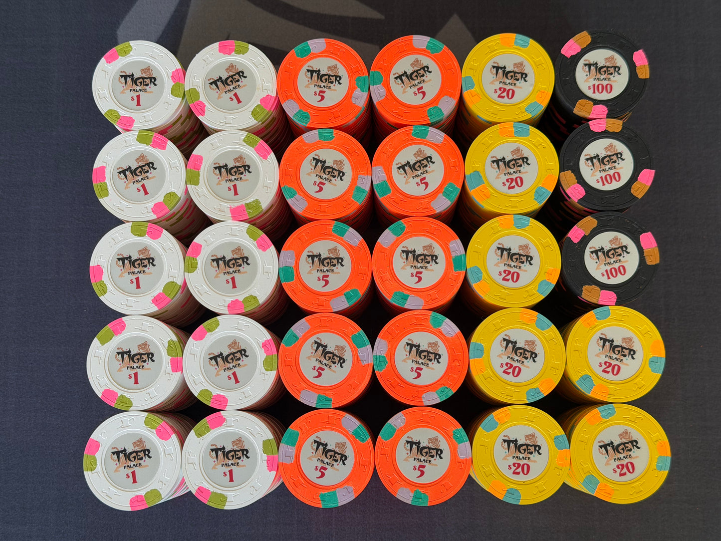 Tiger Palace (Paulson) relabeled $1/$2 Cash Set (Vegas colors, blaze orange $5s, yellow $20s) - 600 Chips (Copy)