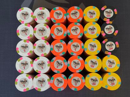 Tiger Palace (Paulson) relabeled $1/$2 Cash Set (Vegas colors, blaze orange $5s, yellow $20s) - 600 Chips (Copy)