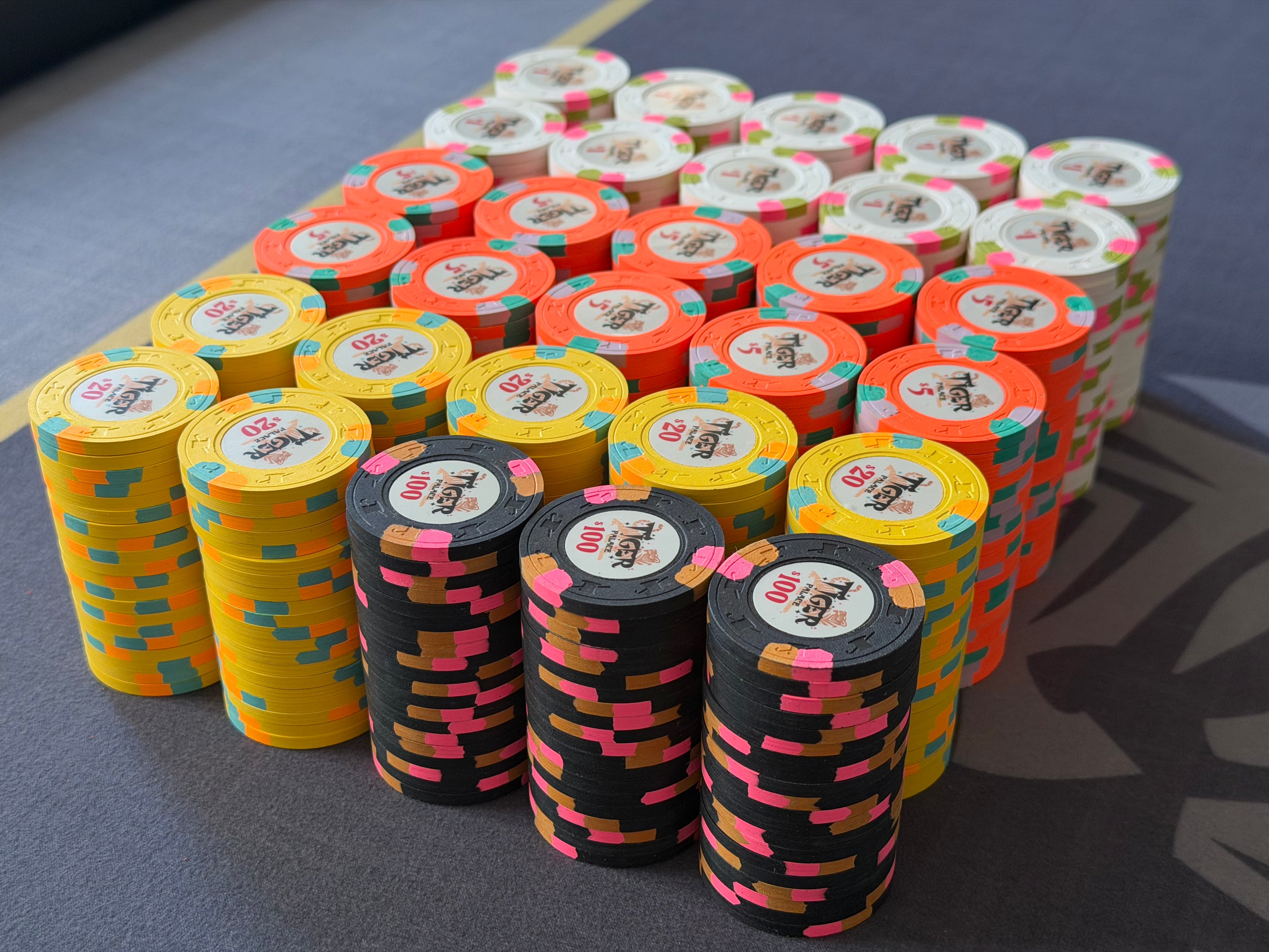 Tiger Palace (Paulson) relabeled $1/$2 Cash Set (Vegas colors, blaze orange $5s, yellow $20s) - 600 Chips
