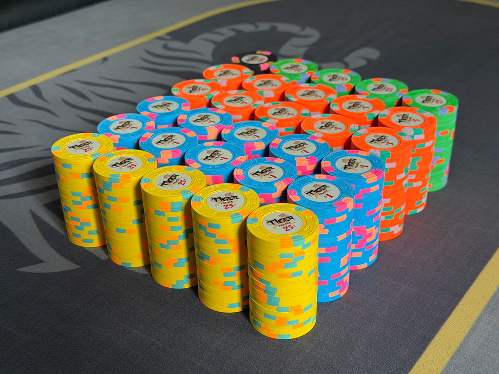 Tiger Palace (Paulson) relabeled $0.25/$0.50 Cash Set (Vegas colors, yellow fracs, blaze orange $5s) - 600 Chips