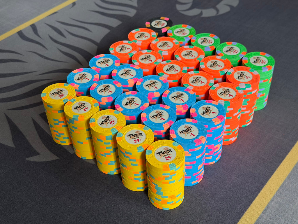 Tiger Palace (Paulson) relabeled $0.25/$0.50 Cash Set (Vegas colors, yellow fracs, blaze orange $5s) - 600 Chips