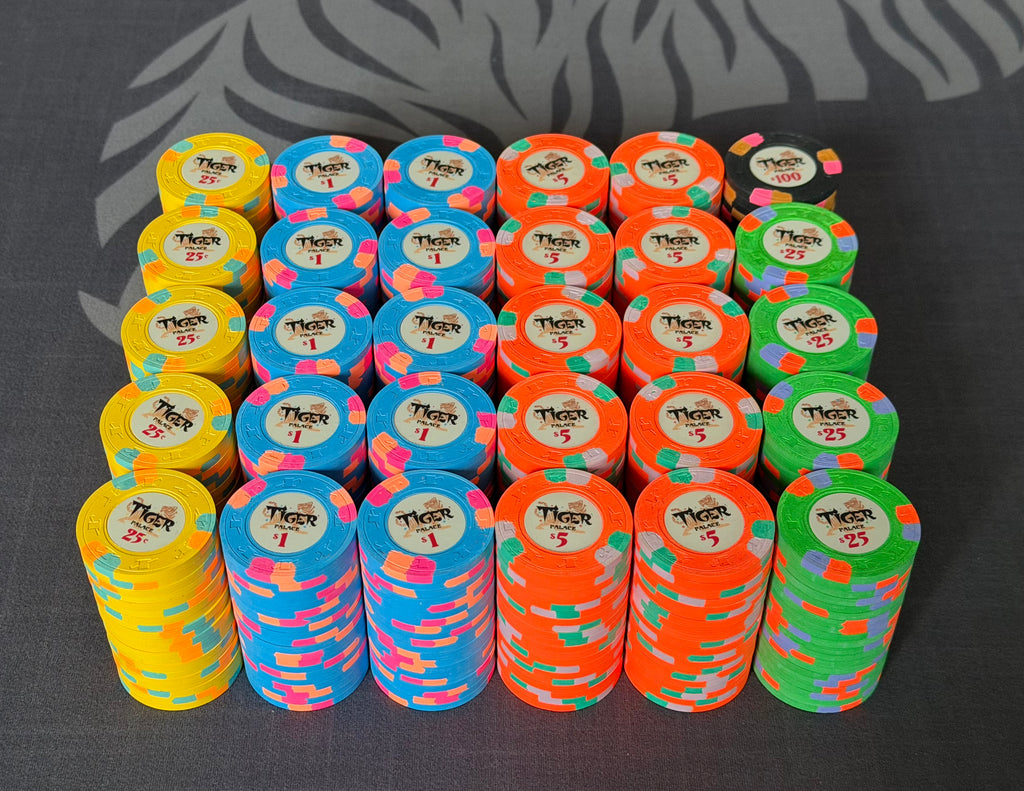 Tiger Palace (Paulson) relabeled $0.25/$0.50 Cash Set (Vegas colors, yellow fracs, blaze orange $5s) - 600 Chips