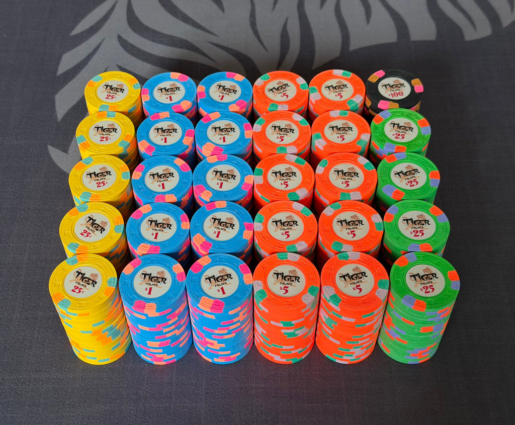 Tiger Palace (Paulson) relabeled $0.25/$0.50 Cash Set (Vegas colors, yellow fracs, blaze orange $5s) - 600 Chips