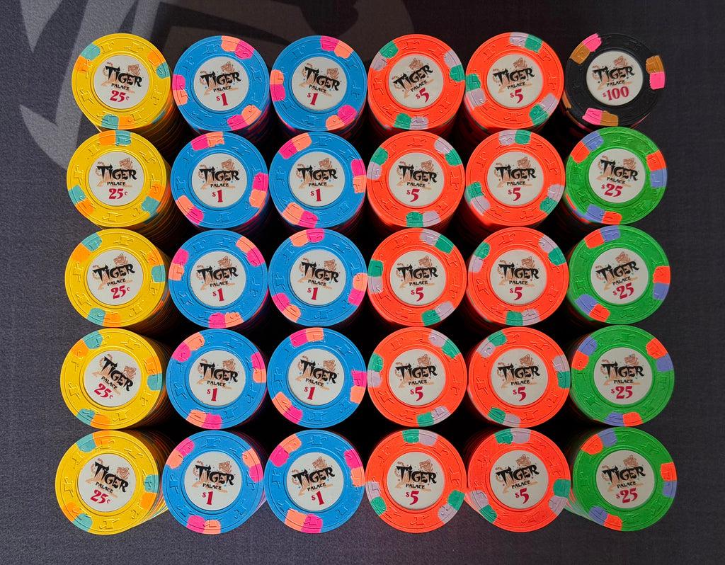 Tiger Palace (Paulson) relabeled $0.25/$0.50 Cash Set (Vegas colors, yellow fracs, blaze orange $5s) - 600 Chips