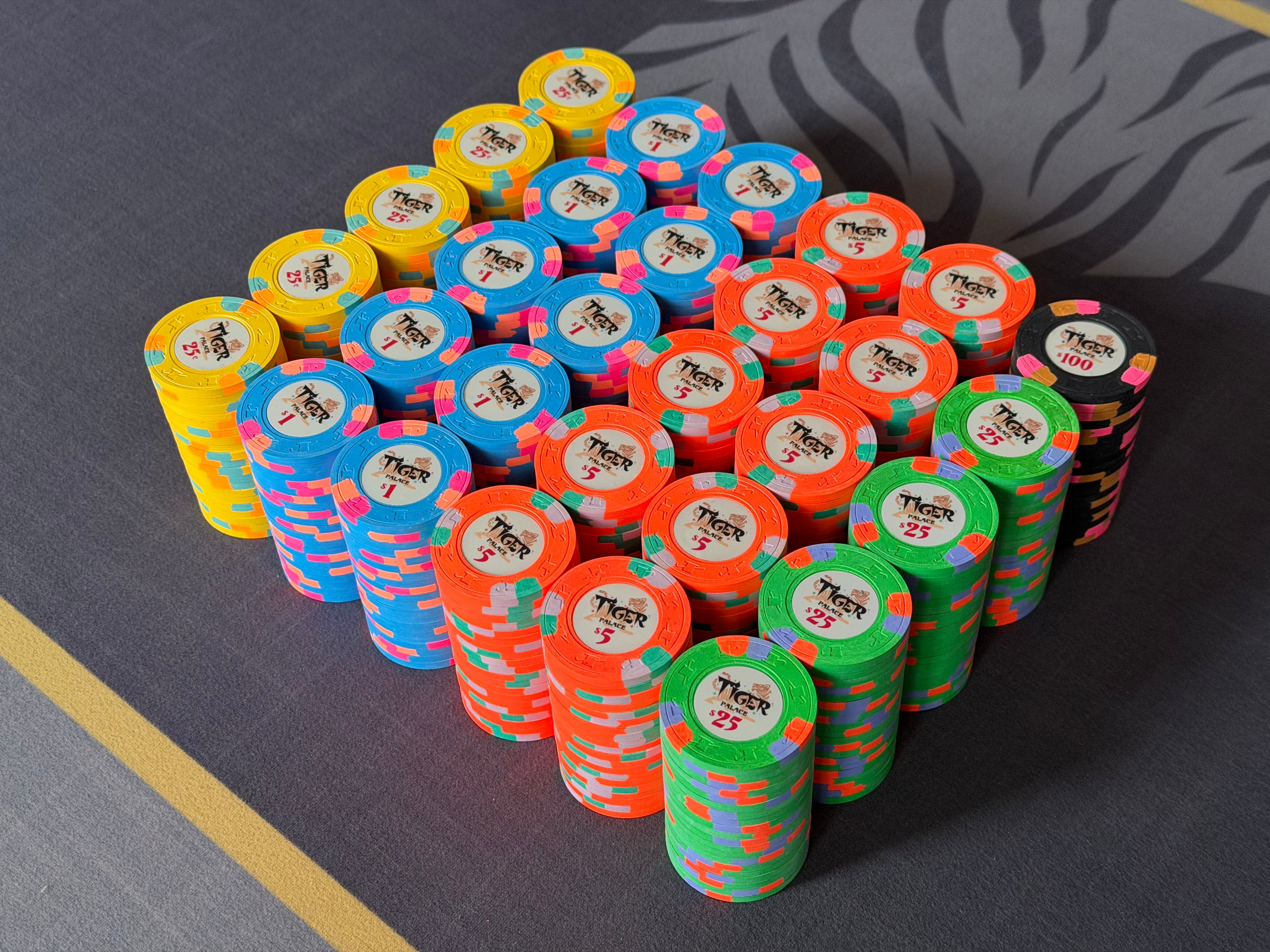 Tiger Palace (Paulson) relabeled $0.25/$0.50 Cash Set (Vegas colors, yellow fracs, blaze orange $5s) - 600 Chips