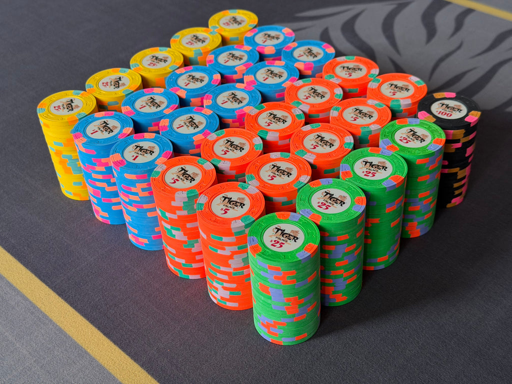 Tiger Palace (Paulson) relabeled $0.25/$0.50 Cash Set (Vegas colors, yellow fracs, blaze orange $5s) - 600 Chips