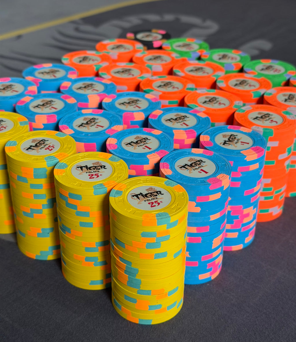 Tiger Palace (Paulson) relabeled $0.25/$0.50 Cash Set (Vegas colors, yellow fracs, blaze orange $5s) - 600 Chips