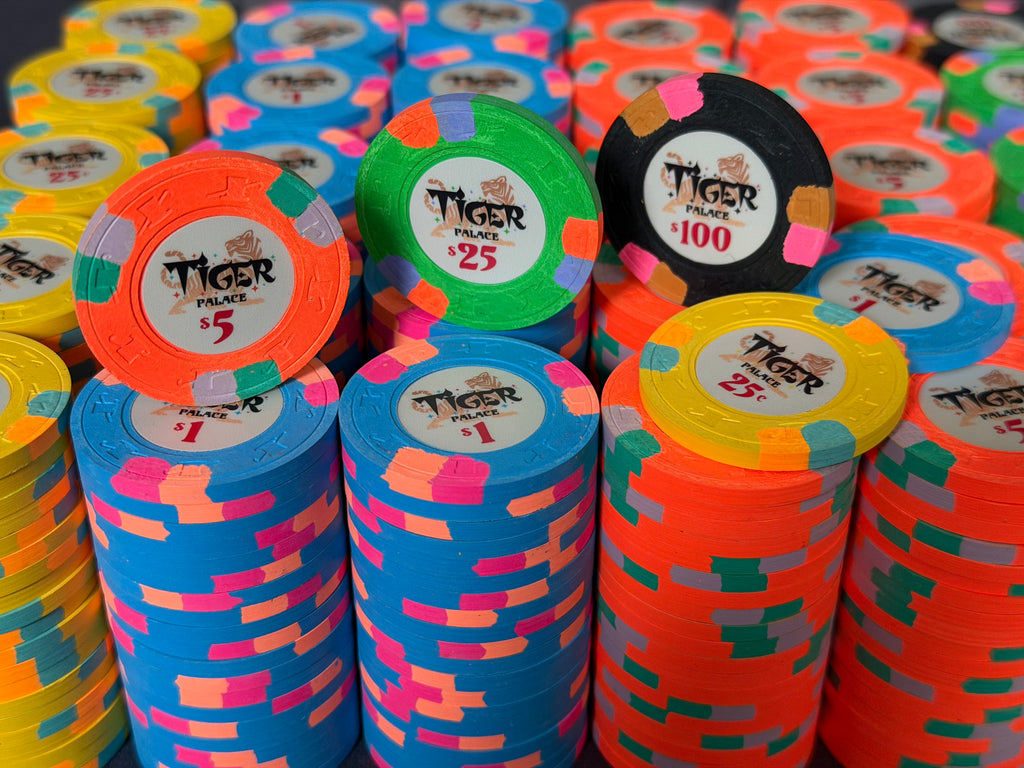 Tiger Palace (Paulson) relabeled $0.25/$0.50 Cash Set (Vegas colors, yellow fracs, blaze orange $5s) - 600 Chips