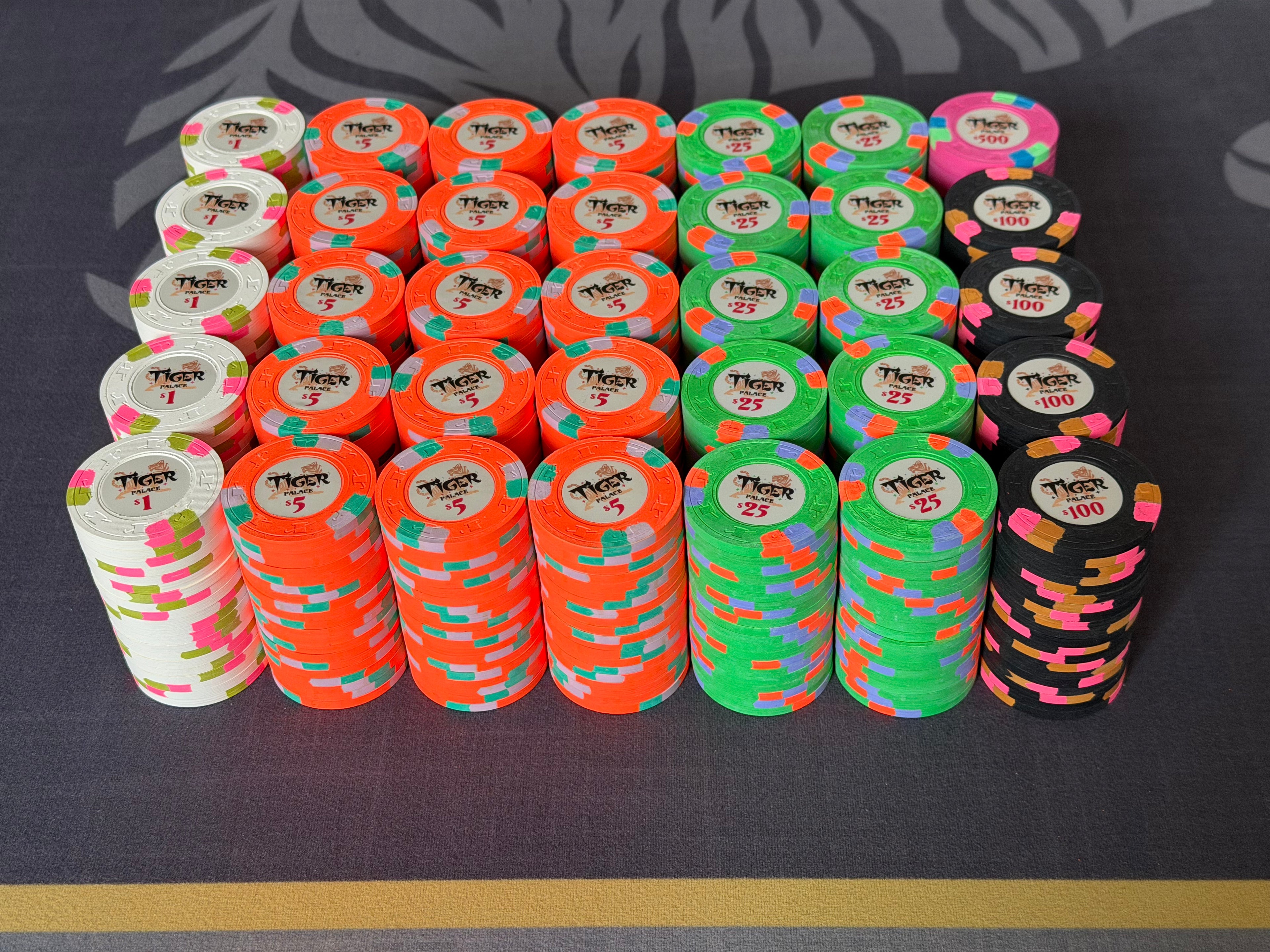 Tiger Palace (Paulson) relabeled $2/$5 Cash Set (Vegas colors, blaze orange $5s) - 700 Chips