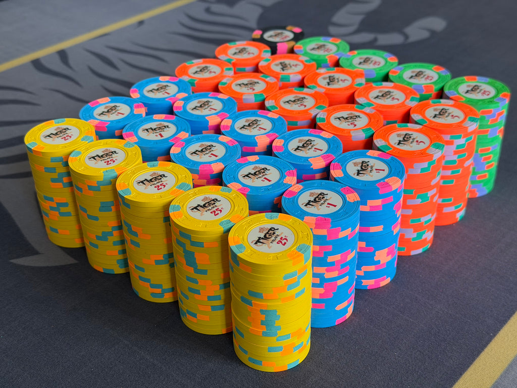 Tiger Palace (Paulson) relabeled $0.25/$0.50 Cash Set (Vegas colors, yellow fracs, blaze orange $5s) - 600 Chips