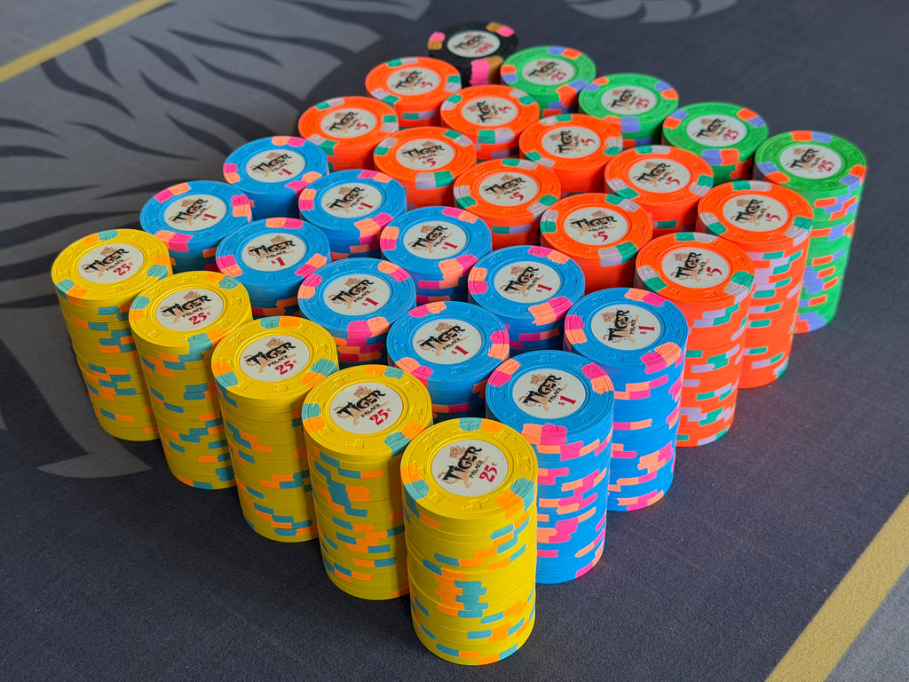 Tiger Palace (Paulson) relabeled $0.25/$0.50 Cash Set (Vegas colors, yellow fracs, blaze orange $5s) - 600 Chips