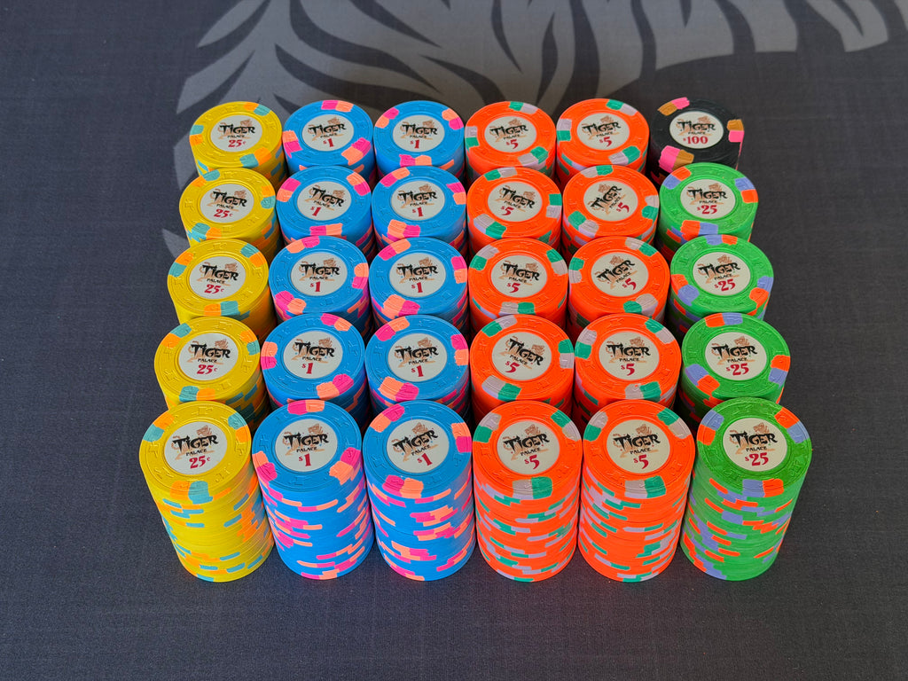 Tiger Palace (Paulson) relabeled $0.25/$0.50 Cash Set (Vegas colors, yellow fracs, blaze orange $5s) - 600 Chips