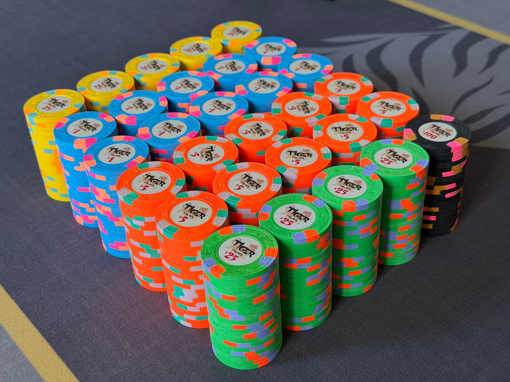 Tiger Palace (Paulson) relabeled $0.25/$0.50 Cash Set (Vegas colors, yellow fracs, blaze orange $5s) - 600 Chips