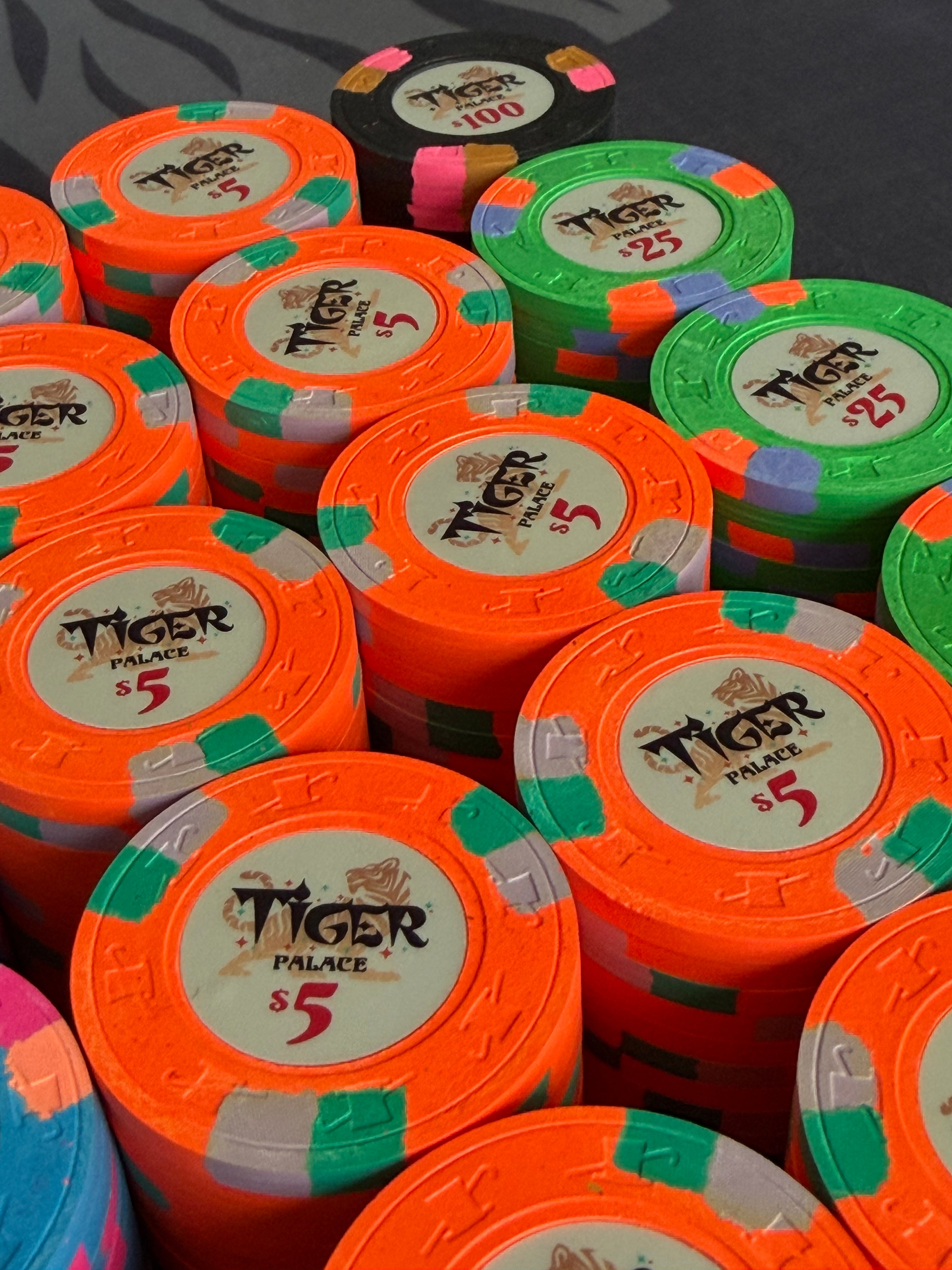 Tiger Palace (Paulson) relabeled $0.25/$0.50 Cash Set (Vegas colors, yellow fracs, blaze orange $5s) - 600 Chips