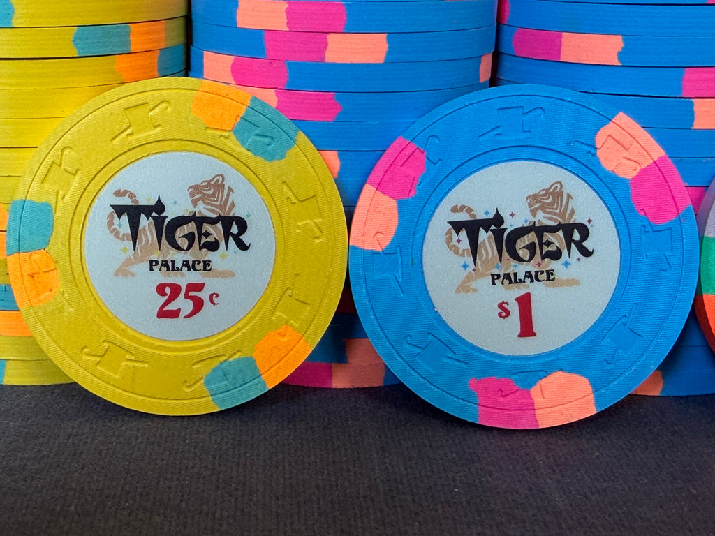 Tiger Palace (Paulson) relabeled $0.25/$0.50 Cash Set (Vegas colors, yellow fracs, blaze orange $5s) - 600 Chips